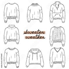 different sweaters on white background with the words sweater weather written in brown lettering, hand drawn