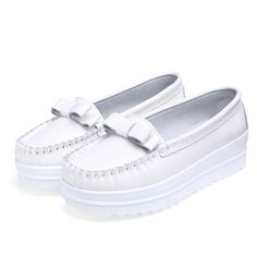 • Upper Material: Genuine Leather• Toe Shape: Round Toe• Sole Material: Rubber• Closure Type: Slip-On• Fit: Fits true to size, take your normal size• Season: Spring/Autumn• Lining Material: Polyurethane• Item # N196• Import Product• Width Options: B - Medium• Shipping Worldwide Casual Summer Platform Loafers With Round Toe, Casual White Closed Toe Platform Loafers, Casual Synthetic Moccasins With Round Toe, Trendy White Leather Platform Loafers, Casual Platform Loafers In Synthetic Material, Casual Flat Platform Loafers, Casual Synthetic Leather Platform Shoes, Casual Platform Leather Shoes For Spring, Casual Spring Platform Leather Shoes