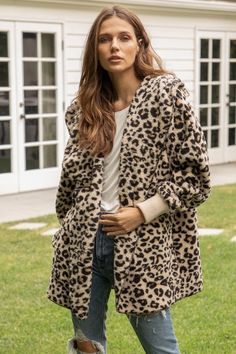 You will be the coziest girl around when you layer up with our adorable leopard print open jacket featuring ultra warm sherpa material. One Size Fits Most 100% Polyester Fall Leopard Print Outerwear With Faux Fur Trim, Winter Leopard Print Faux Fur Outerwear, Hooded Leopard Print Outerwear For Fall, Fall Leopard Print Hooded Outerwear, Trendy Leopard Print Winter Outerwear, Hooded Leopard Print Winter Outerwear, Winter Leopard Print Outerwear With Faux Fur Trim, Casual Outerwear With Faux Fur Lining, Cozy Long Sleeve Outerwear In Leopard Print