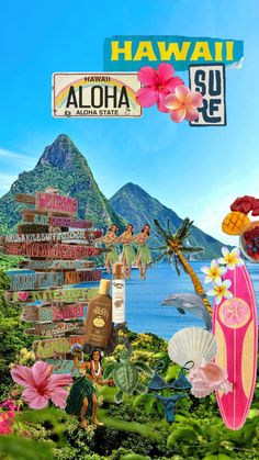 a collage of photos with the words hawaii on it and flowers in the foreground