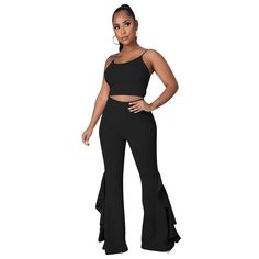 Spaghetti Strap Crop Top+ruffles Flared Pants Set Fitted Wide Leg Pants With Ruffles, Chic Flare Pants With Ruffles, Fitted Ruffled Bottoms For Night Out, Fitted Ruffle Flare Pants, Fitted Ruffled Flare Pants, Ruffled Bottoms For Spring Party, Fitted Flare Pants With Ruffles, Trendy Stretch Bottoms With Ruffle Hem, Stretch Bottoms With Ruffles In Solid Color