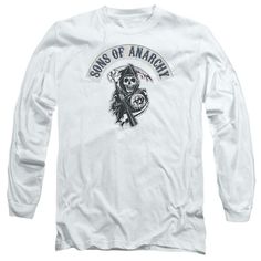 Sons of Anarchy Crime TV series long sleeve graphic t-shirt Reaper for sale online store Fall Long Sleeve T-shirt With Front Print, Long Sleeve T-shirt With Front Print For Fall, Band Merch Long Sleeve Tops With Graphic Print, Long Sleeve Graphic Tee With Back Print, White Long Sleeve Band Merch Tops, Long Sleeve Fan Merchandise T-shirt, Fan Apparel Long Sleeve Top With Logo Print, Band Merch Long Sleeve T-shirt With Front Print, Long Sleeve Fan Apparel Top With Logo Print