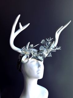 Beautiful white shimmery silver deer antler forest-themed headpiece for deer costumes, magical forest photoshoots, and more! S H I P P I N G  -   Processed same day or within 24 hours.  1-2 day guaranteed delivery services offered, add items to cart and click on the shipping tab for rates.  Pls leave a checkout note with your need date & contact number (especially for expedited and custom orders) Msg for delivery time frames (Include your state/country).  S I Z E  Adult size. C U S T O M I Z A T Half Deer Half Human Cosplay, Deer Headdress, Stag Mask Masquerade, Deer Costumes, Antler Crown Headpieces, Horns Headpiece, Antler Headpiece, Fantasy Antlers Headdress, Elegant Face Mask