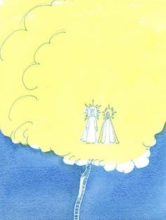 a drawing of two people standing in front of a giant cloud that looks like a tree