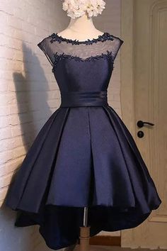 Charming Navy blue Satin Classy Party Dress, Graduation Dress Junior Homecoming Dresses, Unique Homecoming Dresses, Black Lace Prom Dress, Party Dress Classy, Dresses A Line, Prom Dresses 2019, Lace Homecoming Dresses, Outfit Trends, Dresses Elegant