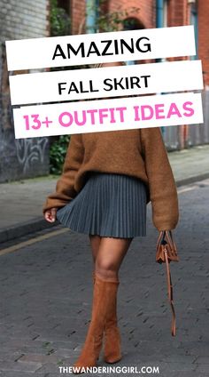 Elevate your style by checking out this list of 24+ incredibly fall skirt, chic  skirt outfit ideas. These outfit ideas with fall skirt, maxi skirts, midi skirts, silk skirts, satin skirts, and denim skirts are insanely good for a classy or casual look. Whether you want to wear fall skirt, long skirts to work, for date night, parties, night out, or to a summer vacation, check out this list for the ultimate inspo! Navy Blue And White Skirt Outfit, Fall Outfit Skirt Boots, Fall Winter Skirt Outfits, Pleated Skirt With Sweater Outfit, How To Style Skirts Casual, Cute Skirt Outfits For Winter, Skirts With Boots Outfit, Fall Pleated Skirt Outfit, Fall Skirt Outfits With Boots