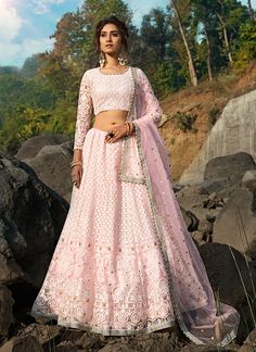 Shop Bollywood Lehenga - Baby Pink Designer Embroidery Wedding Lehenga Choli At Hatkay Blush Pink Lehenga, Engagement Lehenga, Party Wear Lehenga Choli, Work Lehenga, Net Blouses, Bollywood Lehenga, Indian Bridal Lehenga, Lehenga Online, Net Lehenga