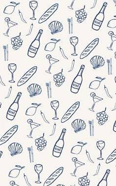 a blue and white pattern with wine glasses, bottles, and other items on it