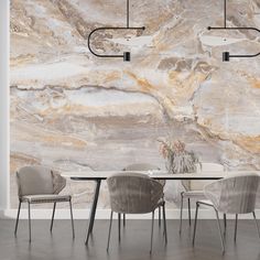 a dining room table with chairs and a marble wall in the backround behind it