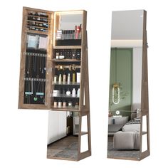 a large mirror sitting next to a shelf filled with items