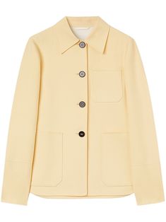 butter yellow cotton classic collar long sleeves buttoned cuffs front button fastening chest patch pocket two front patch pockets curved hem Cashmere Jacket, Butter Yellow, Twill Jacket, Wool Shirt, City Dress, Oversized Jacket, Yellow Leather, Long Sleeves Jacket, Jil Sander