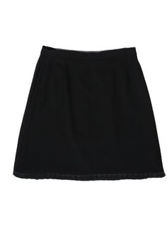 Current Boutique-Escada Couture - Black Wool Skirt w/ Hem Pintucks Sz 10 Classic Black A-line Skirt, Elegant Pleated Mini Skirt For Party, Elegant Party Mini Skirt With Pleated Hem, Formal Fitted Pleated Mini Skirt, Formal Pleated Mini Skirt, Formal Mini Skirt With Pleated Waist, Elegant Ruffled Mini Skirt For Formal Occasions, Elegant Formal Tiered Mini Skirt, Formal Fitted Flared Mini Skirt