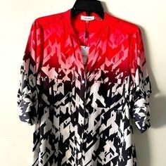 Beautiful Multicolored Blouse For Woman Size M Calvin Klein Short Sleeve Shirt For Spring, Red Printed Tops For Work, Red Printed Tops For Workwear, Casual Red Calvin Klein Tops, Casual Calvin Klein Summer Blouse, Casual Summer Calvin Klein Blouse, Calvin Klein White Shirt For Spring, Calvin Klein White Workwear Tops, Spring Red Workwear Blouse