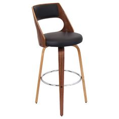 a wooden bar stool with black leather upholstered seat and backrest, viewed from the front