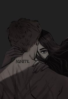 a drawing of two people with the words ignite written on their backs in black and white