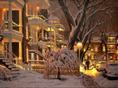 a painting of a snow covered street with stairs and buildings in the background at night