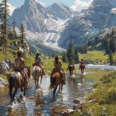 a group of people riding horses across a river