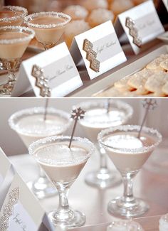 the dessert table is filled with different types of drinks