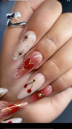 Cool Valentines Day Nails, Valentines Nails Alternative, Earthy Valentines Nails, Valentines Day Nails Gold, Chrom Valentine Nails, Gold And Red Valentines Nails, Cupid Valentines Nails, Valentine’s Day Nail Almond, Valentines Nail Inspo Red