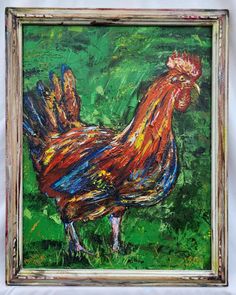 a painting of a rooster on a green background