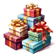 a pile of colorful wrapped presents with bows on top of each one, all stacked together