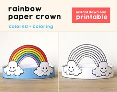 two paper crowns with rainbows and clouds on them