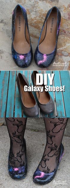 DIY Painted Galaxy Shoes! New Modern Dress, Old Heels, Diy Galaxy Shoes, Space Clothes, Upcycle Shoes, Painted Galaxy, Shoe Painting, Galaxy Shoes, Diy Galaxy