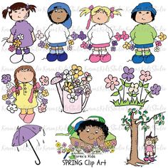 some children with flowers and umbrellas in their hands, one girl is holding a flower pot