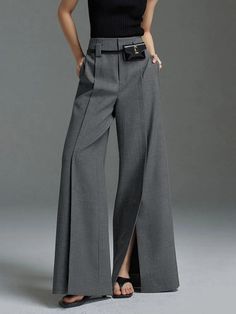 Loose Wide Leg High-Waisted Pleated Split-Front Pants Trousers Celana Fashion, Grey Trousers, Mini Robes, Women Formals, Formal Suits, Pantalon Large, Looks Chic, Wide Pants, Trouser Pants