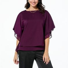 Nina Leonard Double Layer Hi-Low Kimono Top   Create your own signature style with this fun, elegant dolman-sleeve top that complements your favorite bottoms. Black Top With Overlay For Spring, Black Spring Tops With Overlay, Chic Crew Neck Blouse For Evening, Spring Evening Blouse With Batwing Sleeves, Elegant Crew Neck Top For Layering, Crew Neck Blouse For Layering, Elegant Batwing Sleeve Party Tops, Elegant Long Sleeve Tops With Overlay, Chic Purple Tops For Evening