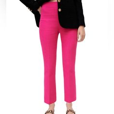 Textured Hot Pink Trousers Elastic Waist And Side Zip Closure High Rise 11” Inseam 26” Waist 13” Fitted Spring Pants, Zara Tapered Leg Pants For Spring, Tailored Pink Summer Bottoms, Zara Spring Straight Dress Pants, Zara Tapered Leg Spring Bottoms, Zara Tapered Leg Bottoms For Spring, Zara Spring Tapered Leg Bottoms, Zara Dress Pants For Spring, Fitted Pink Pants With Elastic Waistband