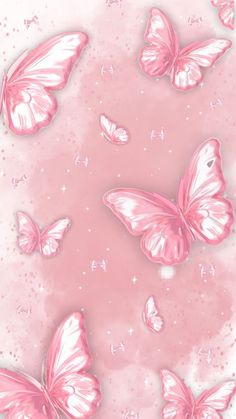 some pink butterflies flying in the air on a pink and white background with water droplets