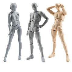 three female mannequins are standing next to each other and one is holding her head