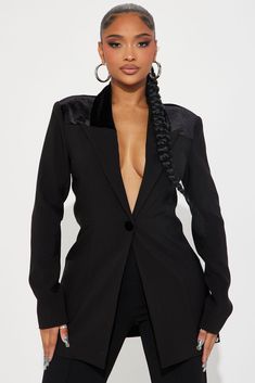 Available In Black. Blazer Lapel Collar Long Sleeve Twill Rigid Velvet Colorblock Button Closure Fully Lined Shell1: 95% Polyester 5% Spandex Shell2: 95% Polyester 5% Spandex Lining: 100% Polyester Imported | A Different Touch Velvet Blazer in Black size XL by Fashion Nova Velvet Blazer, Black Blazer, Black Blazers, Lapel Collar, Jacket Style, New Black, Black Fashion, Fashion Nova, Color Blocking