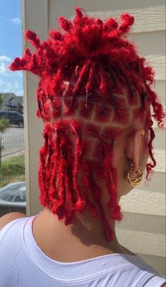 Dyed Loc Inspiration, Locs Colors Ideas, Dreadloc Colors, Red Short Locs, Dread Hair Color Ideas, Red And Blonde Locs Black Women, Red And Orange Locs, Loc Hair Dye Ideas, Red Locs Hairstyles