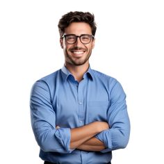 a man with glasses is smiling and posing for the camera while wearing a blue shirt