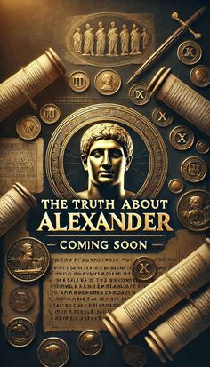 the truth about alexander coming soon poster with gold and silver items on it