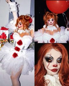 two pictures of a woman dressed as a clown with red hair and makeup, holding a balloon