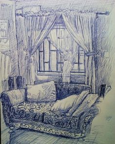 a drawing of a couch in front of a window with curtains on the windowsill