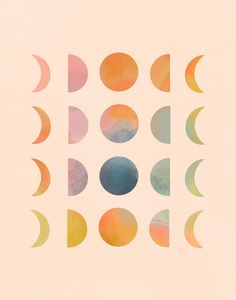 an abstract painting with many different colors and shapes on it's side, including the moon