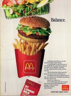 an advertisement for mcdonald's hamburger and fries with the caption that reads balance