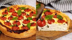 a pizza sitting on top of a wooden cutting board next to a slice of pizza