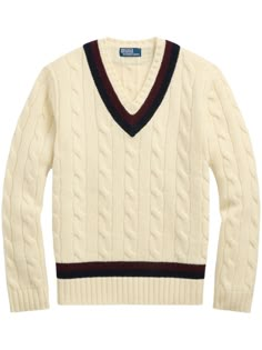 Find RALPH LAUREN Long Sleeve Wool Sweater on Editorialist. cream white wool cable knit V-neck stripe trim long sleeves ribbed cuffs and hem Cricket Jumper, Cricket Sweater, Ralph Lauren Long Sleeve, Designer Clothes For Men, Knit Pattern, Knitwear Cardigan, Knitted Jumper, Jumper Sweater, Jumpers And Cardigans