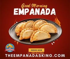 there is an advertisement for some kind of empanadas on the plate with flames in the background