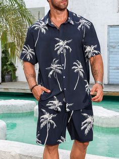 Plus-Size Men's Botanical Printed Short Sleeve Button-Down Shirt And Pocketed Shorts Casual Two-Piece Set Multicolor Boho  Short Sleeve Woven Fabric Tropical,Plants,All Over Print  Non-Stretch  Men Plus Size Clothing, size features are:Bust: ,Length: ,Sleeve Length: Collared Hawaiian Shirt With Pockets For Beach, Casual Collared Beach Sets, Short Sleeve Sets With Buttons For Vacation, Casual Beach Sets, Casual Summer Sets With Buttons, Black Relaxed Fit Sets For Vacation, Summer Beach Sets With Button-up Detail, Printed Short Sleeve Sets For Beach Season, Casual Black Sets For Beach Season