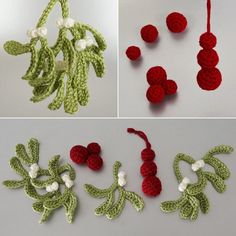 crocheted berries and leaves hanging from strings