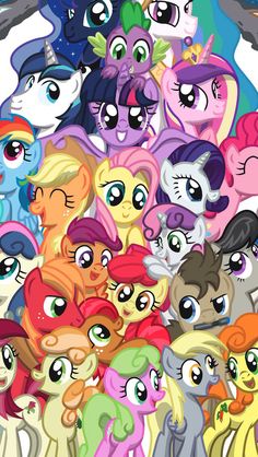 an image of many little ponys with different colors and sizes on it's face