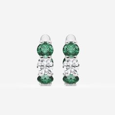 4.3 mm Round Created Emerald and 1 1/3 ctw Round Lab Grown Diamond Huggie Hoop Earrings Platinum Earrings Platinum, Huggie Hoop Earrings, Lab Grown, Lab Grown Diamonds, Platinum, Emerald, Lab, Hoop Earrings, White Gold