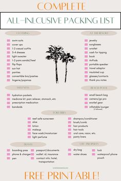 an info sheet with palm trees and the text, complete all - in - one packing list