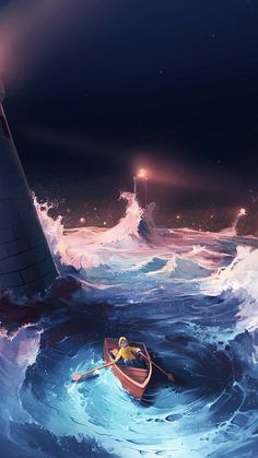 a painting of a person in a boat on the ocean with waves and lights above them